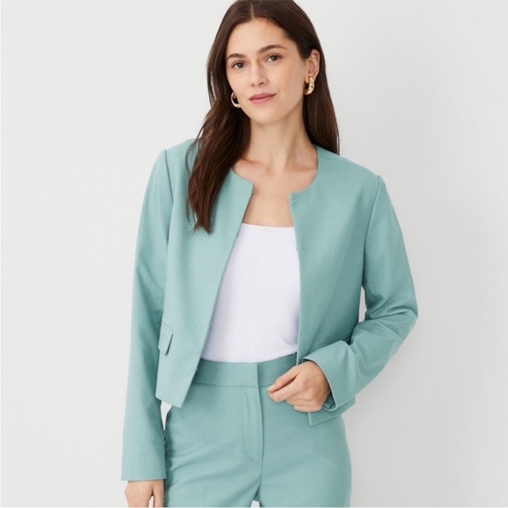 Ann Taylor THE CROPPED CREW NECK JACKET IN TEXTURE 6 Peacock Teal Melange Blue